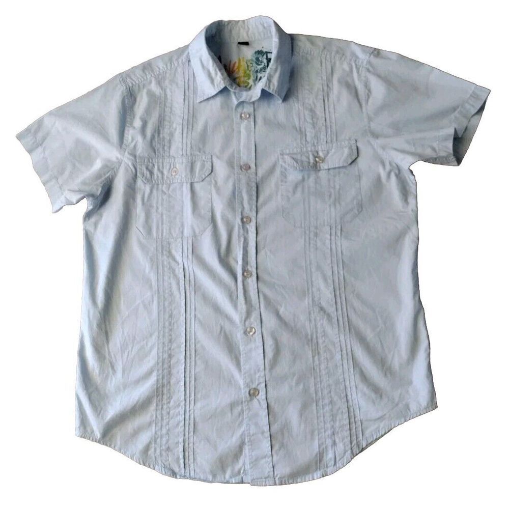 Anchor Blue Button-Up Shirt Men's XL Short Sleeve Blue Pockets Guayabera Style